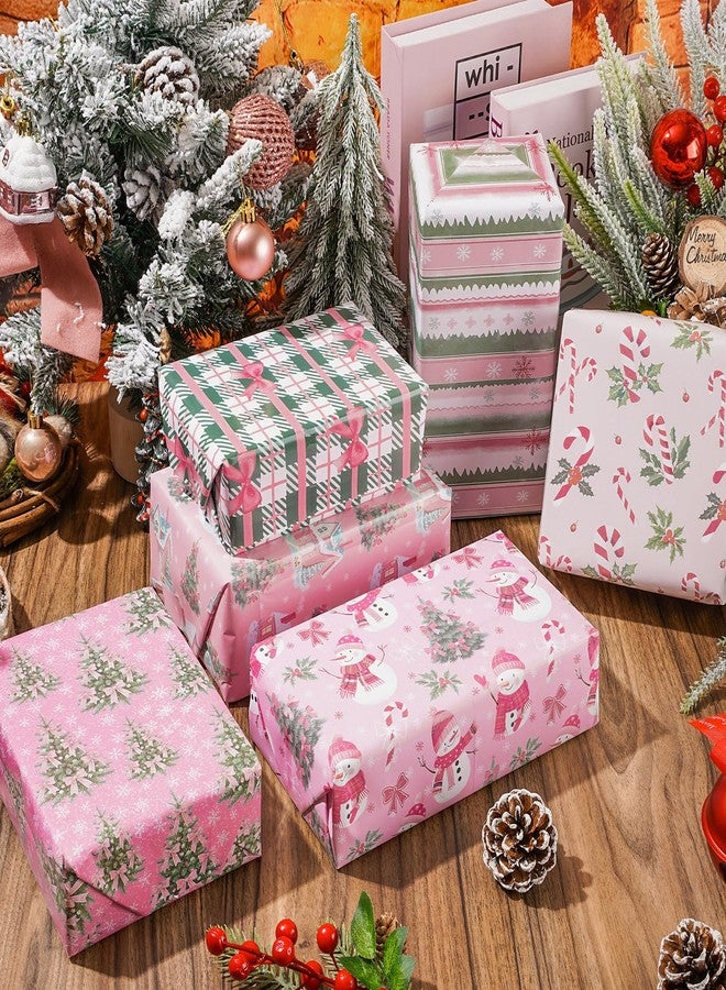 وولاين ورق تغليف هدايا شجرة عيد الميلاد من والين، ١٢ ورقة - ليس لفة - فيونكة رجل ثلج وردية، مقاس ١٩.٧ × ٢٧.٦ بوصة، ورق تغليف هدايا على شكل ندفة ثلجية وعصي حلوى، مطوي بشكل مسطح، مثالي لحفلات عيد الميلاد الشتوية وأعمال يدوية. - Image 4